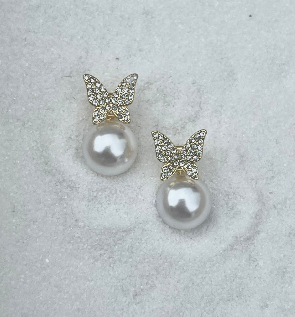 Elegant Crystal Butterfly & Pearl Stud Earrings