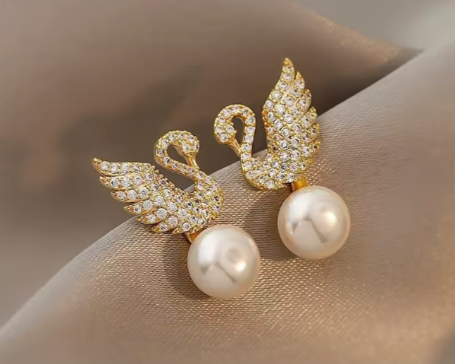 Crystal Swan Zircon Pearl Earrings