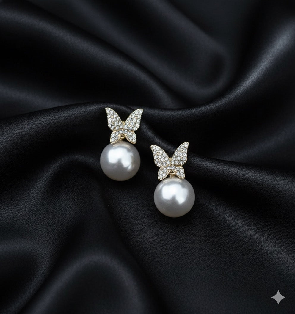 Elegant Crystal Butterfly & Pearl Stud Earrings