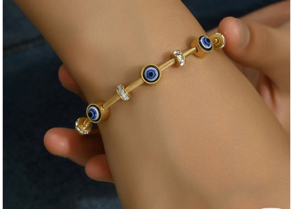 Gold Plated Evil Eye Bracelet with Pave Crystal Accents | Adjustable Protective Jewelry