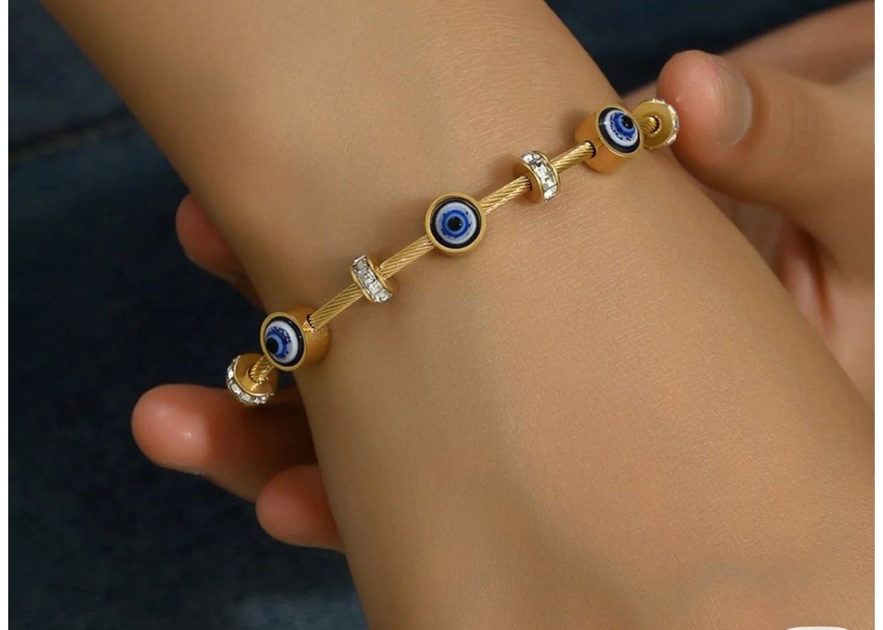 Gold Plated Evil Eye Bracelet with Pave Crystal Accents | Adjustable Protective Jewelry