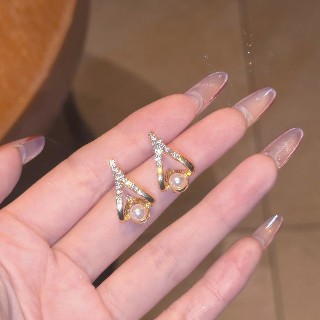 Crystal Arc Pearl Stud Earrings