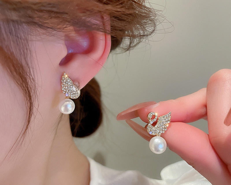 Crystal Swan Zircon Pearl Earrings