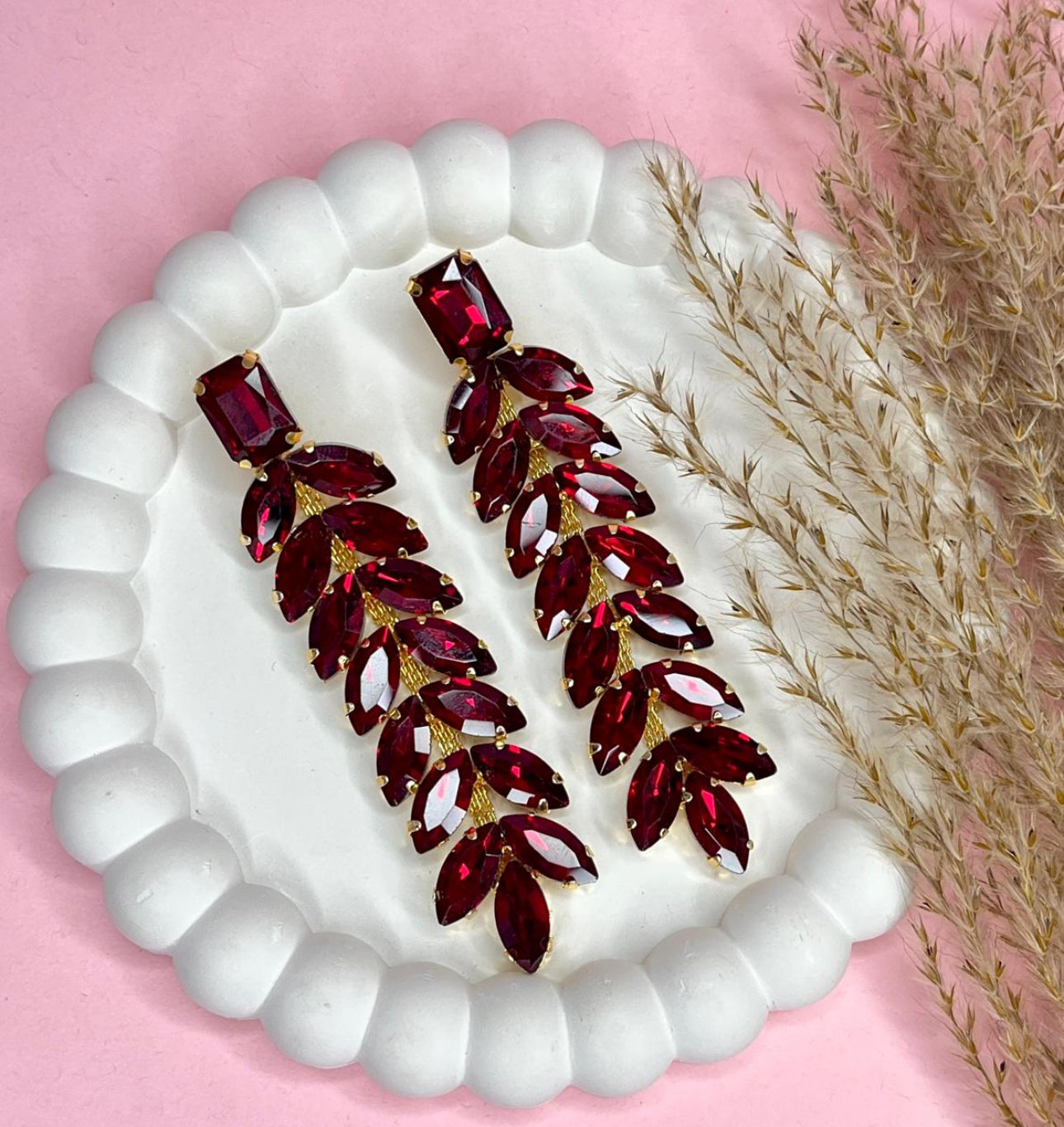 Ruby Red Crystal Leaf Statement Drop Earrings