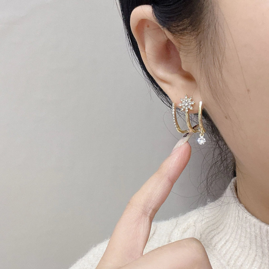 Crystal Star Ear Cuff Earrings with Drop Charm