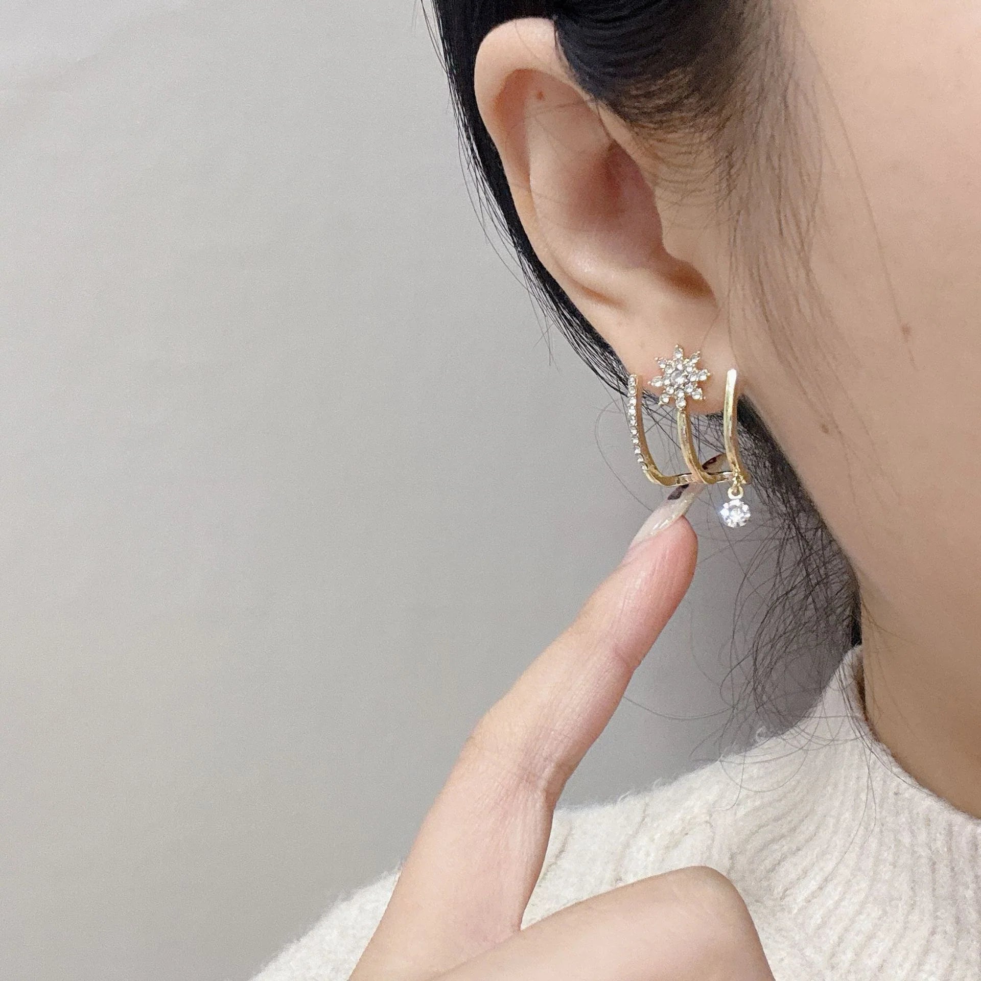 Crystal Star Ear Cuff Earrings with Drop Charm