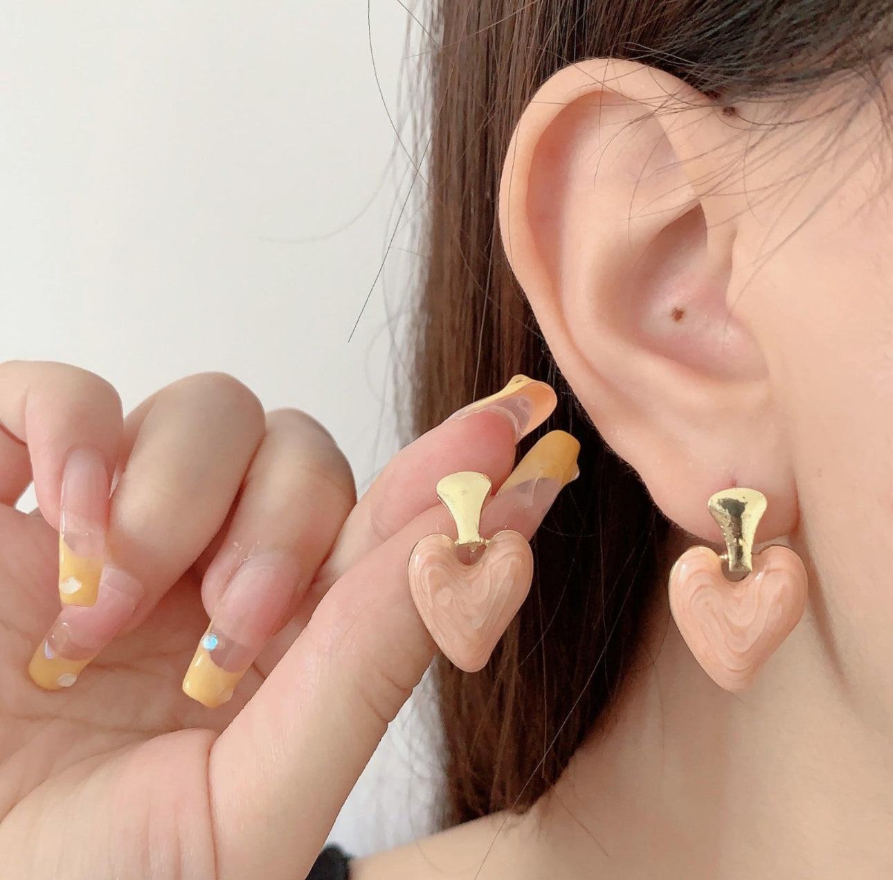 Peach Marble Resin Heart Drop Earrings