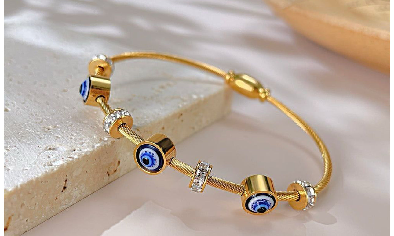 Gold Plated Evil Eye Bracelet with Pave Crystal Accents | Adjustable Protective Jewelry
