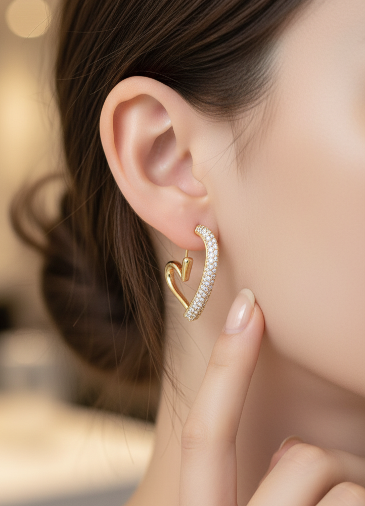 Pave Crystal Heart Hoops