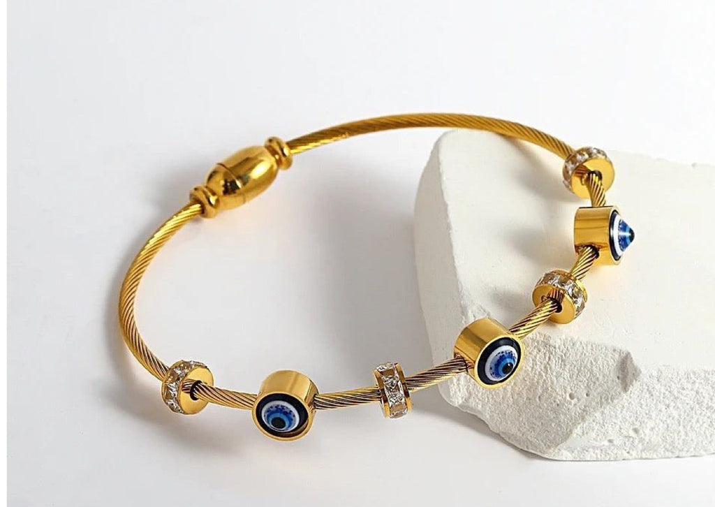 Gold Plated Evil Eye Bracelet with Pave Crystal Accents | Adjustable Protective Jewelry