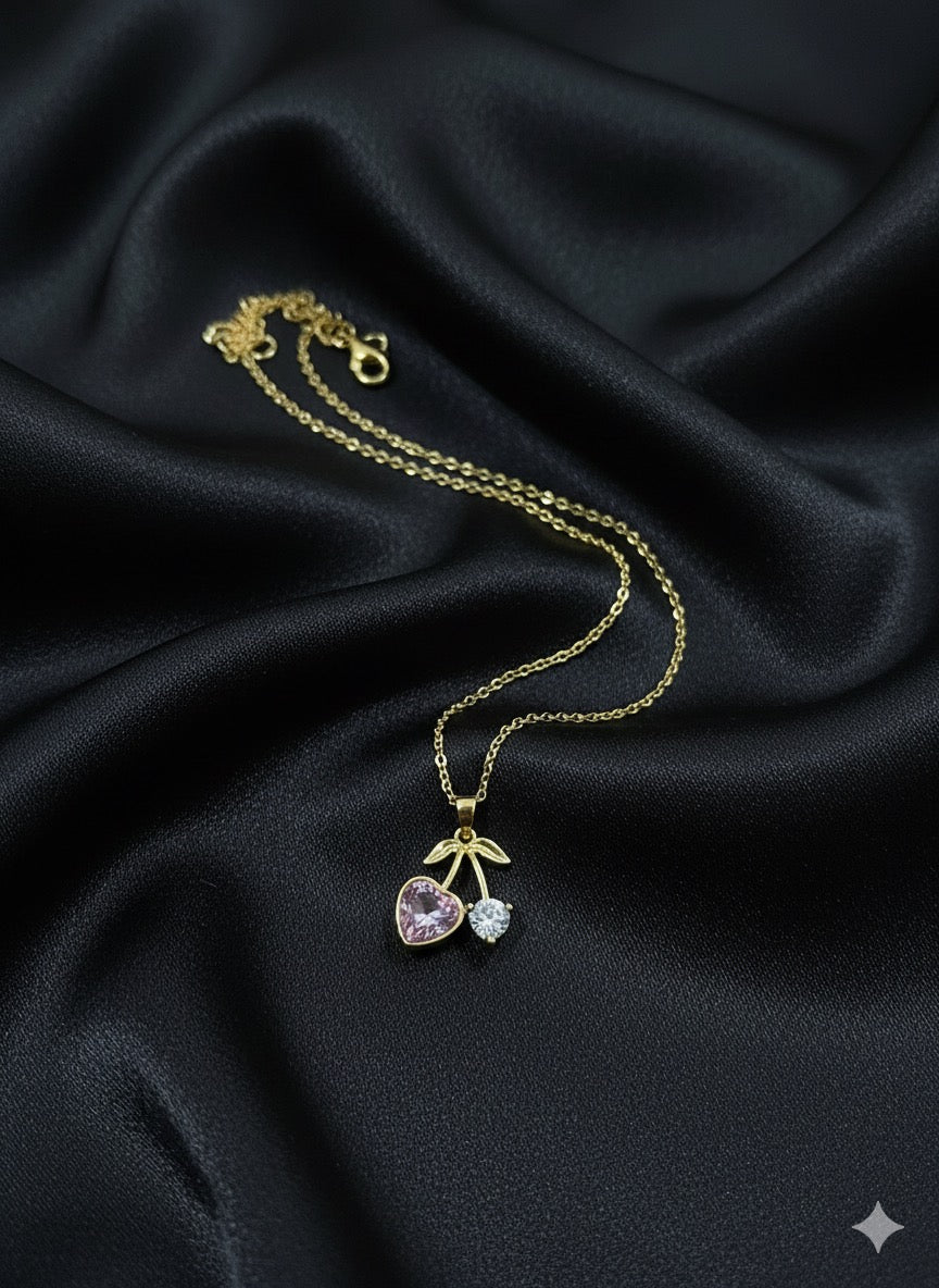 Pink & Clear Crystal Cherry Heart Necklace