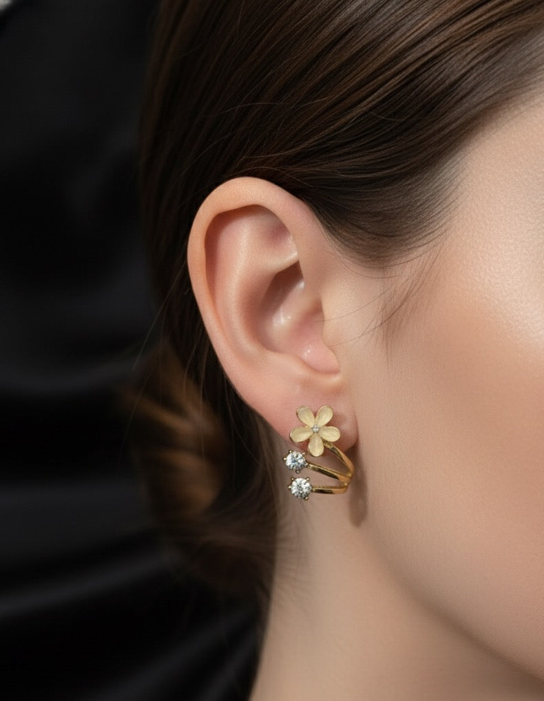 Dainty Flower Ear Climber Stud Earrings - Gold-Plated with CZ Crystals