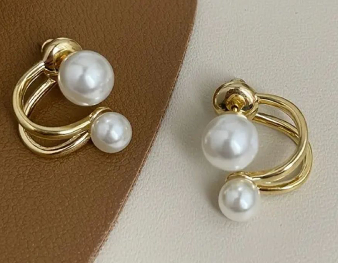 Double Band Faux Pearl Ear Cuff Earrings | No Piercing Gold-Tone Earcuff