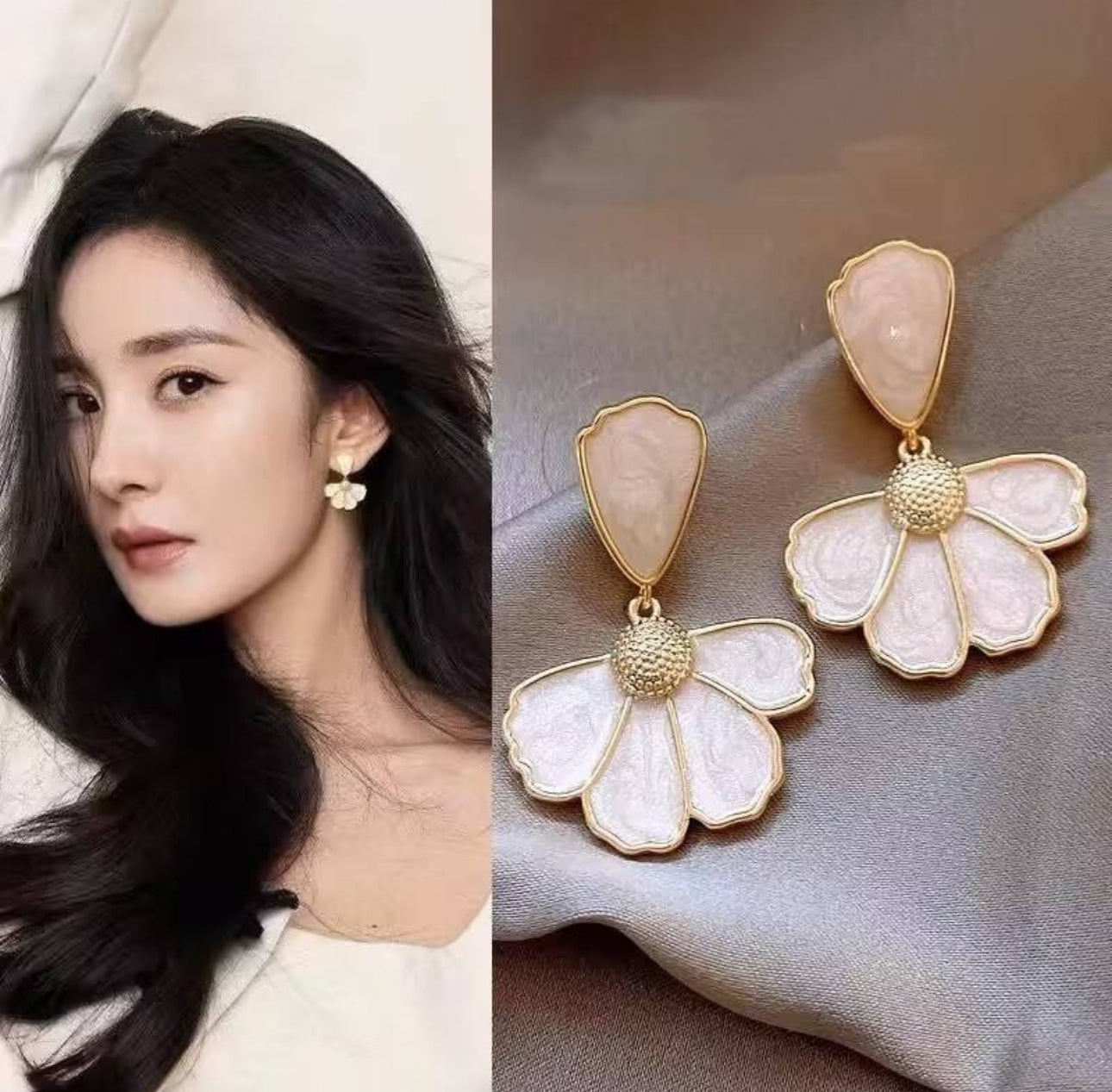 White floral-inspired drop earrings