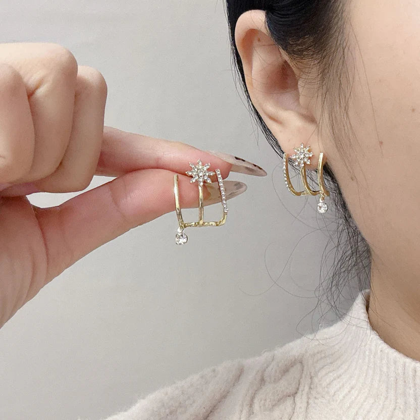 Crystal Star Ear Cuff Earrings with Drop Charm