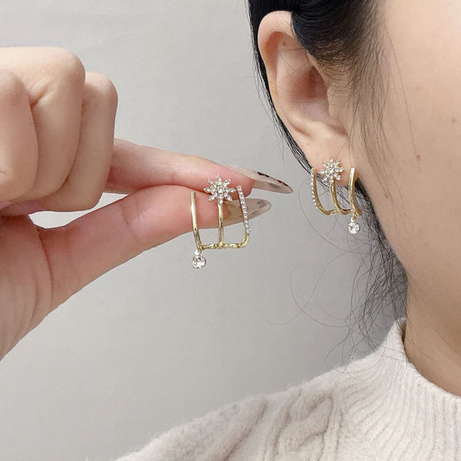 Crystal Star Ear Cuff Earrings with Drop Charm