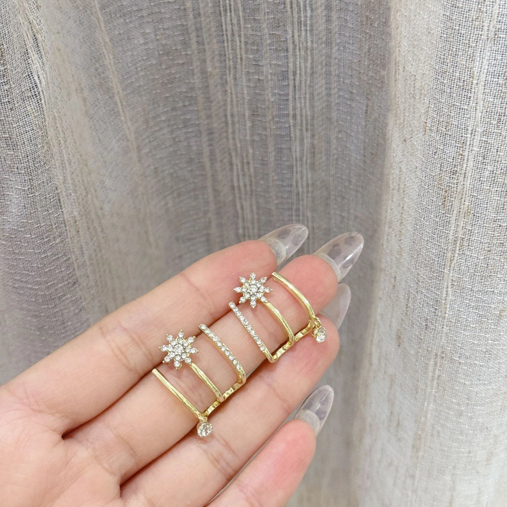 Crystal Star Ear Cuff Earrings with Drop Charm