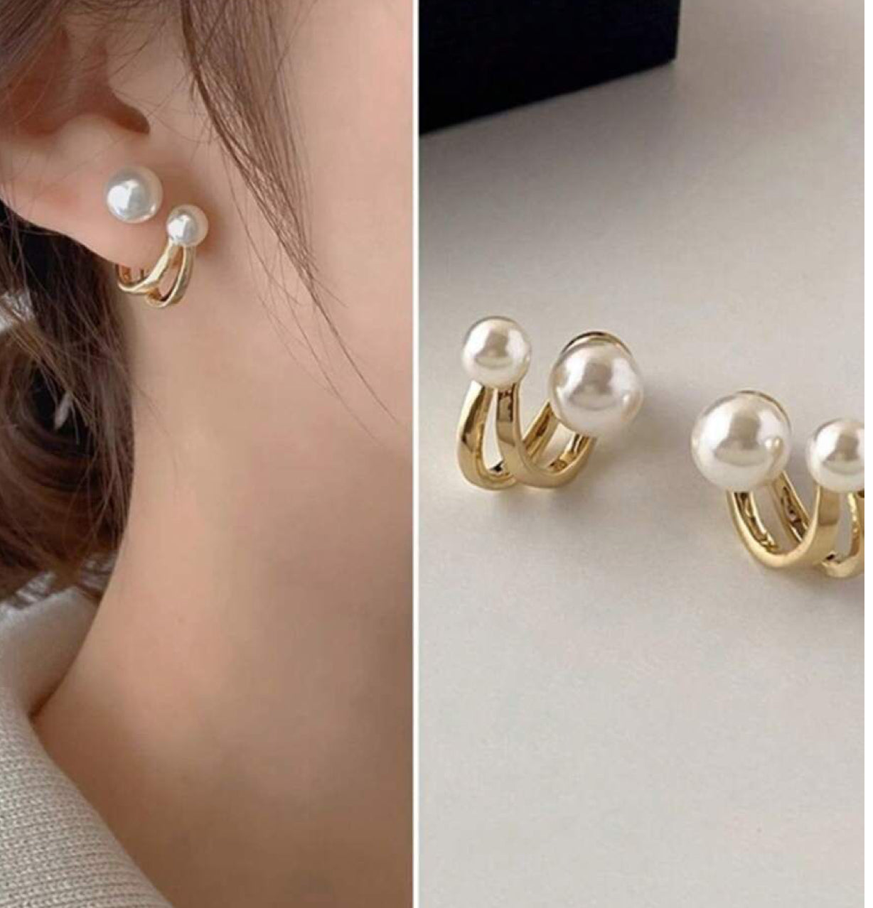 Double Band Faux Pearl Ear Cuff Earrings | No Piercing Gold-Tone Earcuff
