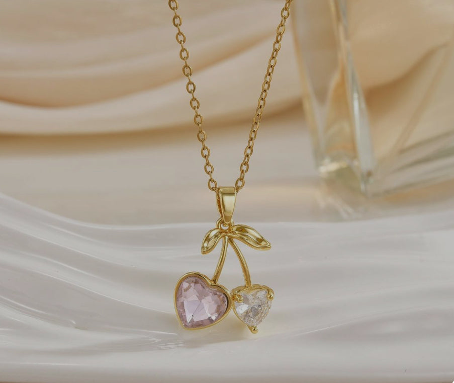 Pink & Clear Crystal Cherry Heart Necklace