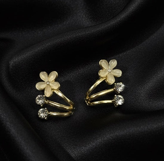 Dainty Flower Ear Climber Stud Earrings - Gold-Plated with CZ Crystals
