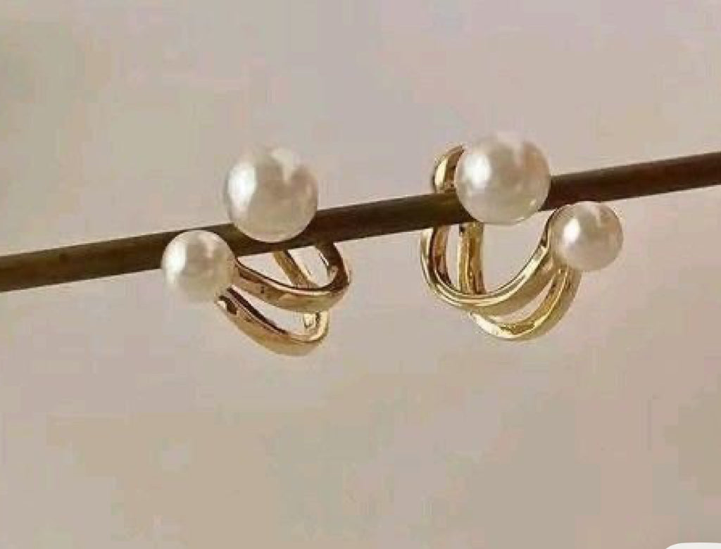 Double Band Faux Pearl Ear Cuff Earrings | No Piercing Gold-Tone Earcuff