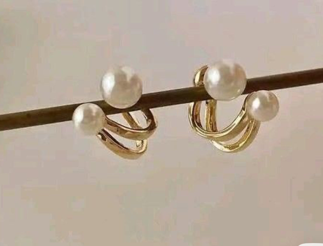 Double Band Faux Pearl Ear Cuff Earrings | No Piercing Gold-Tone Earcuff