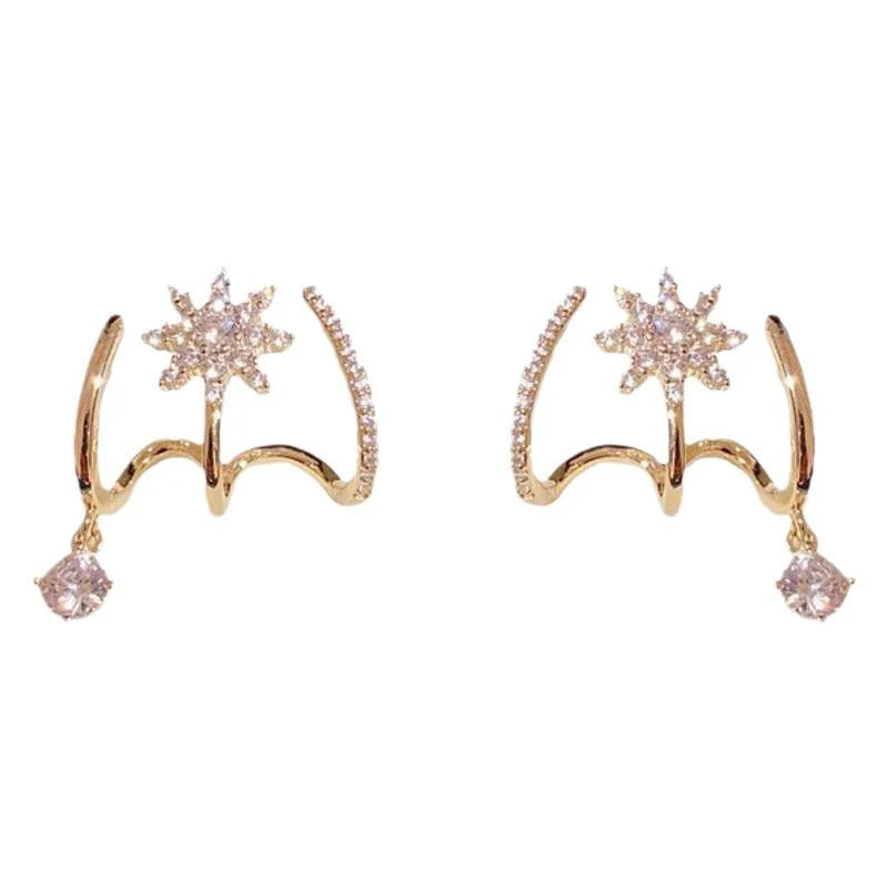 Crystal Star Ear Cuff Earrings with Drop Charm