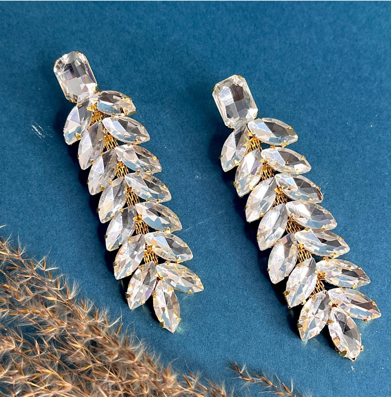 Ruby white Crystal Leaf Statement Drop Earrings