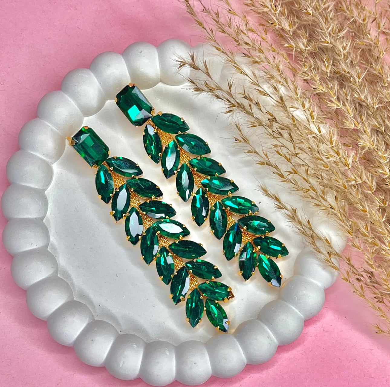 Ruby green Crystal Leaf Statement Drop Earrings