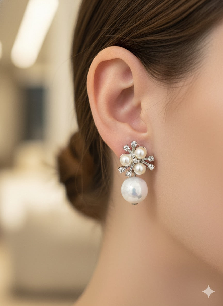 Elegant Crystal Floral Cluster and Large Pearl