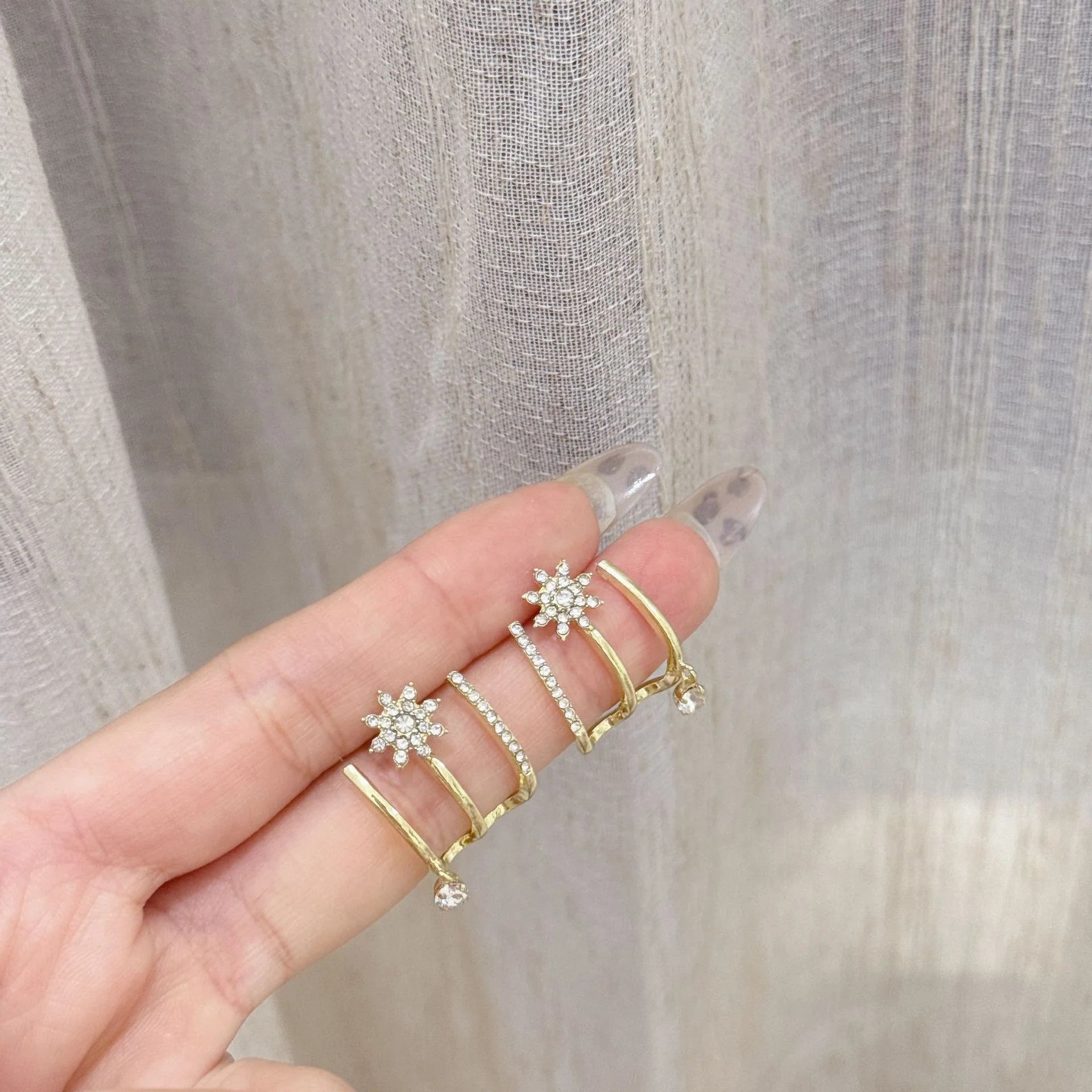 Crystal Star Ear Cuff Earrings with Drop Charm