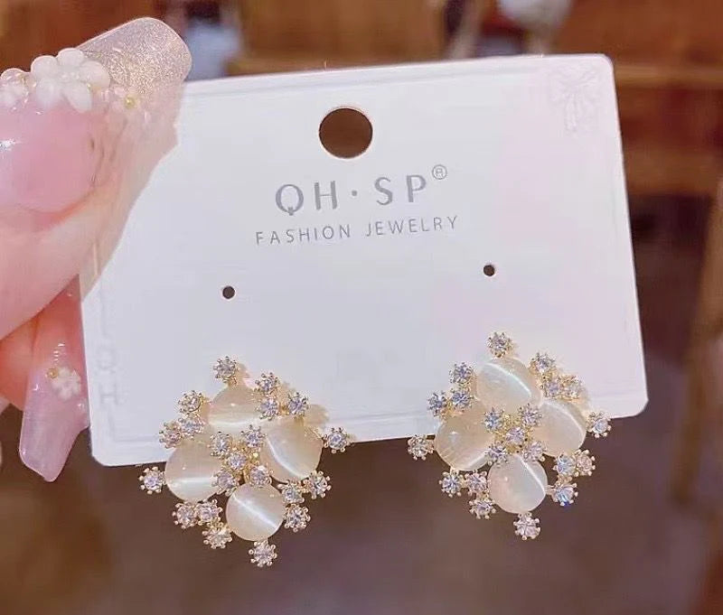 Opal Flower Crystal Cluster Stud Earrings