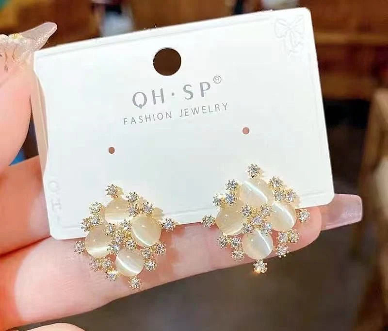 Opal Flower Crystal Cluster Stud Earrings
