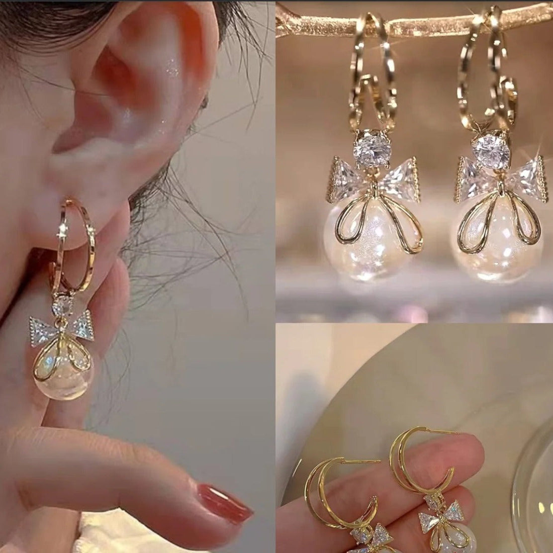 Celeste Pearl Bow Hoop Earrings