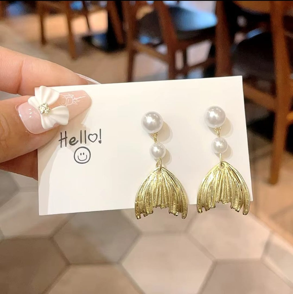 Metal Pearl Fishtail Drop Earrings