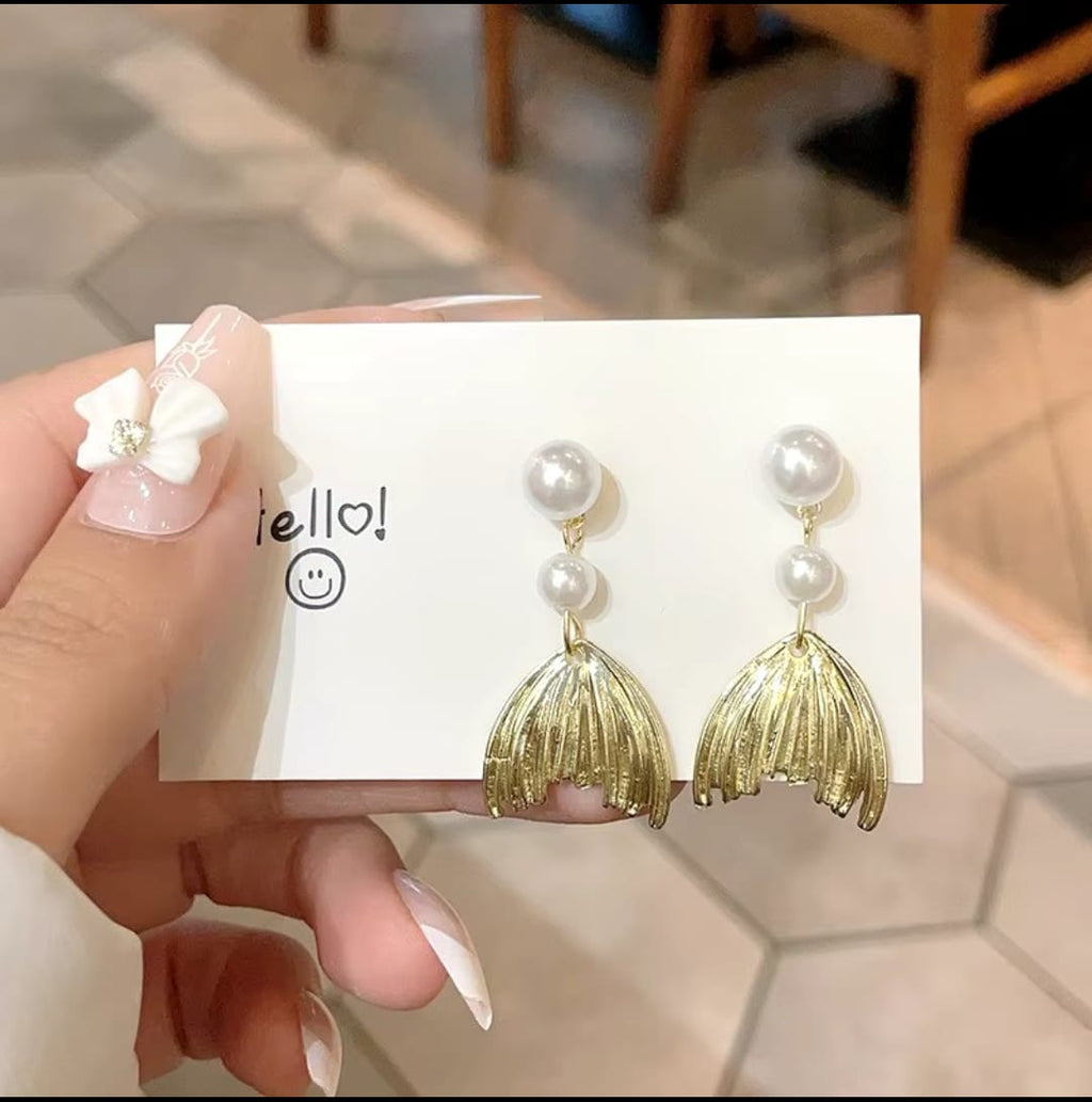 Metal Pearl Fishtail Drop Earrings
