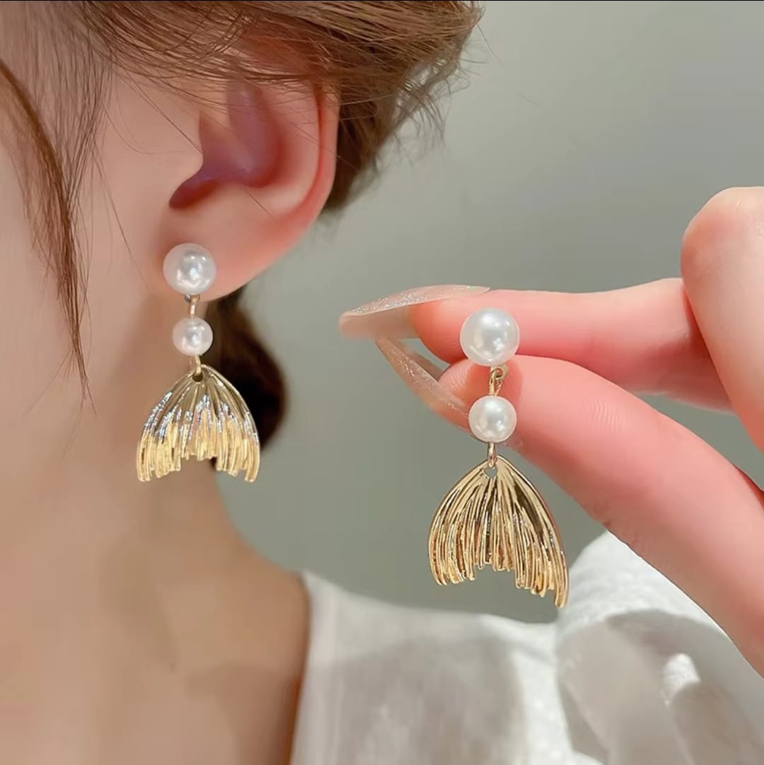 Metal Pearl Fishtail Drop Earrings