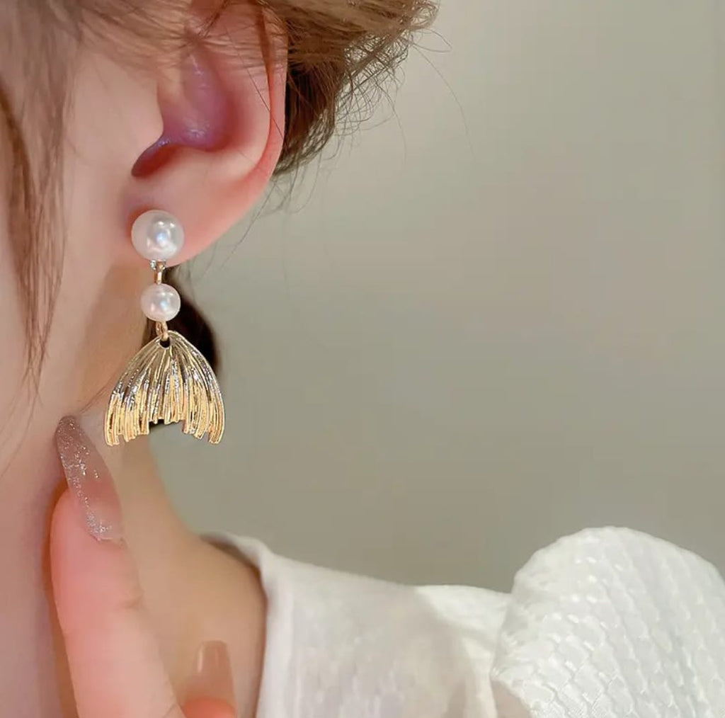 Metal Pearl Fishtail Drop Earrings