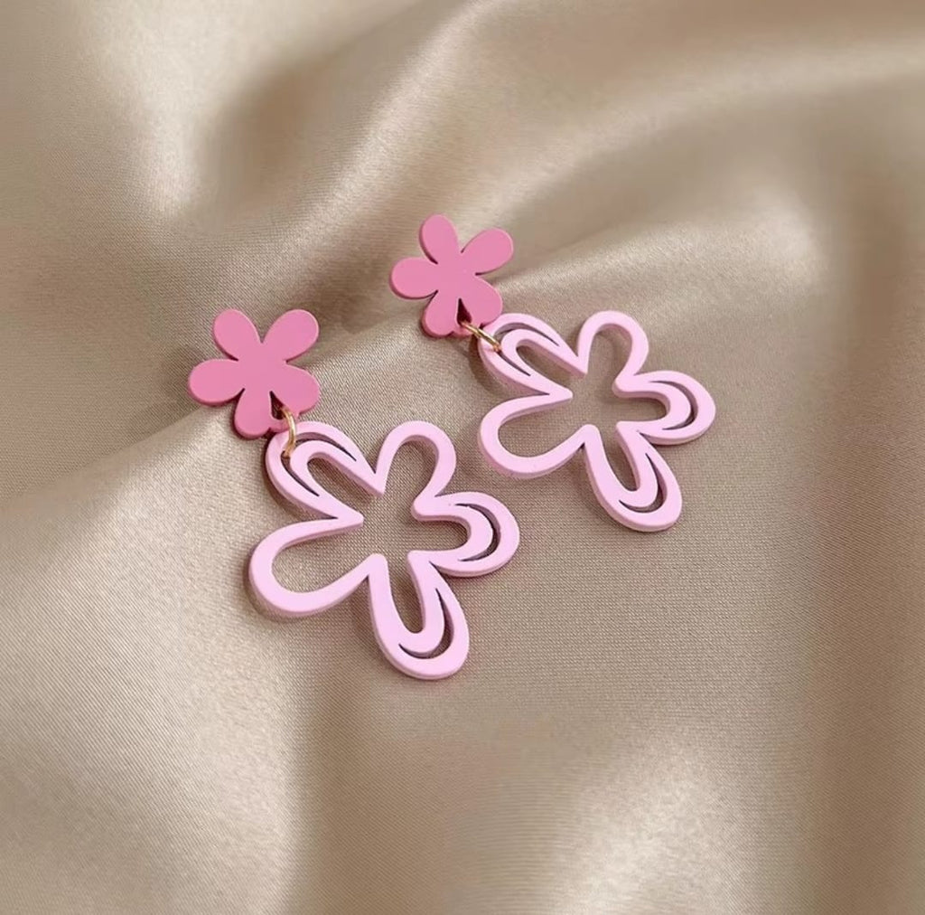 Pink Hollowed-out Flower Metal Powder Coated Earrings