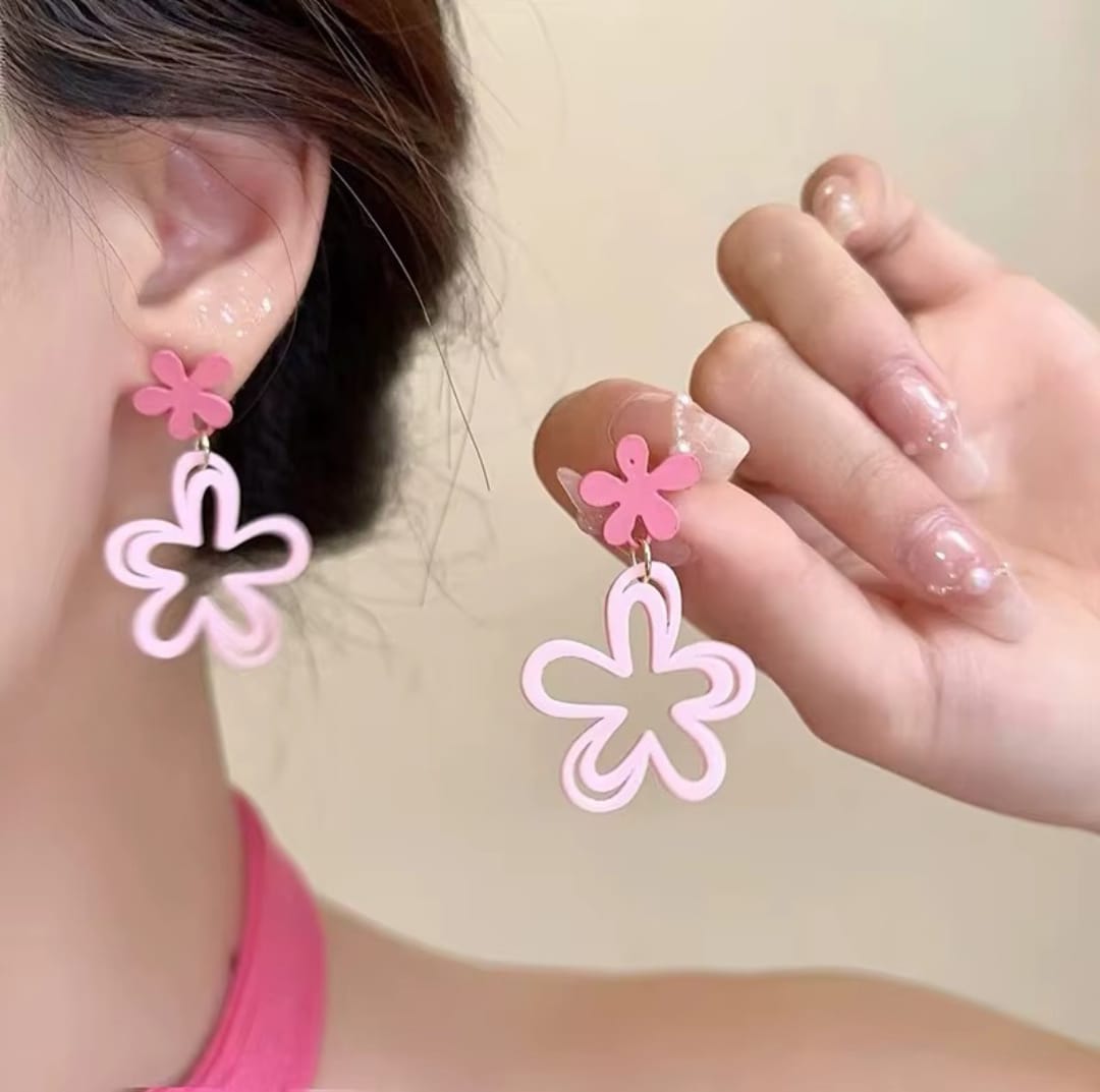 Pink Hollowed-out Flower Metal Powder Coated Earrings