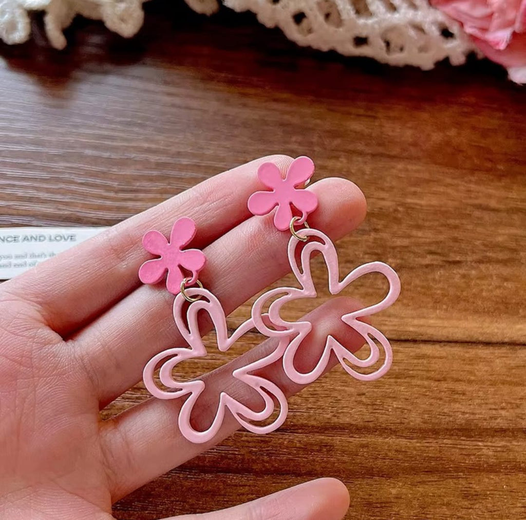 Pink Hollowed-out Flower Metal Powder Coated Earrings