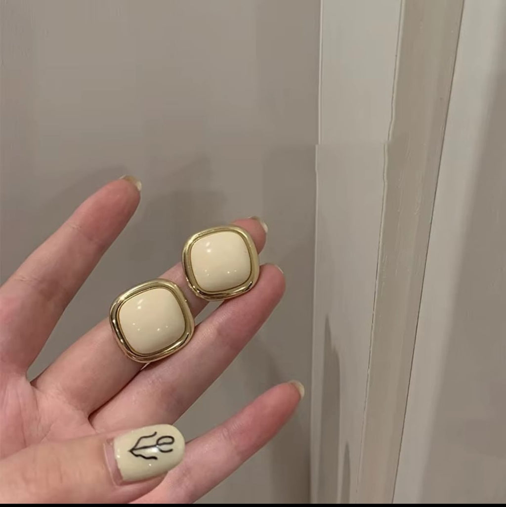 Beige Dainty Enamel Square Studs