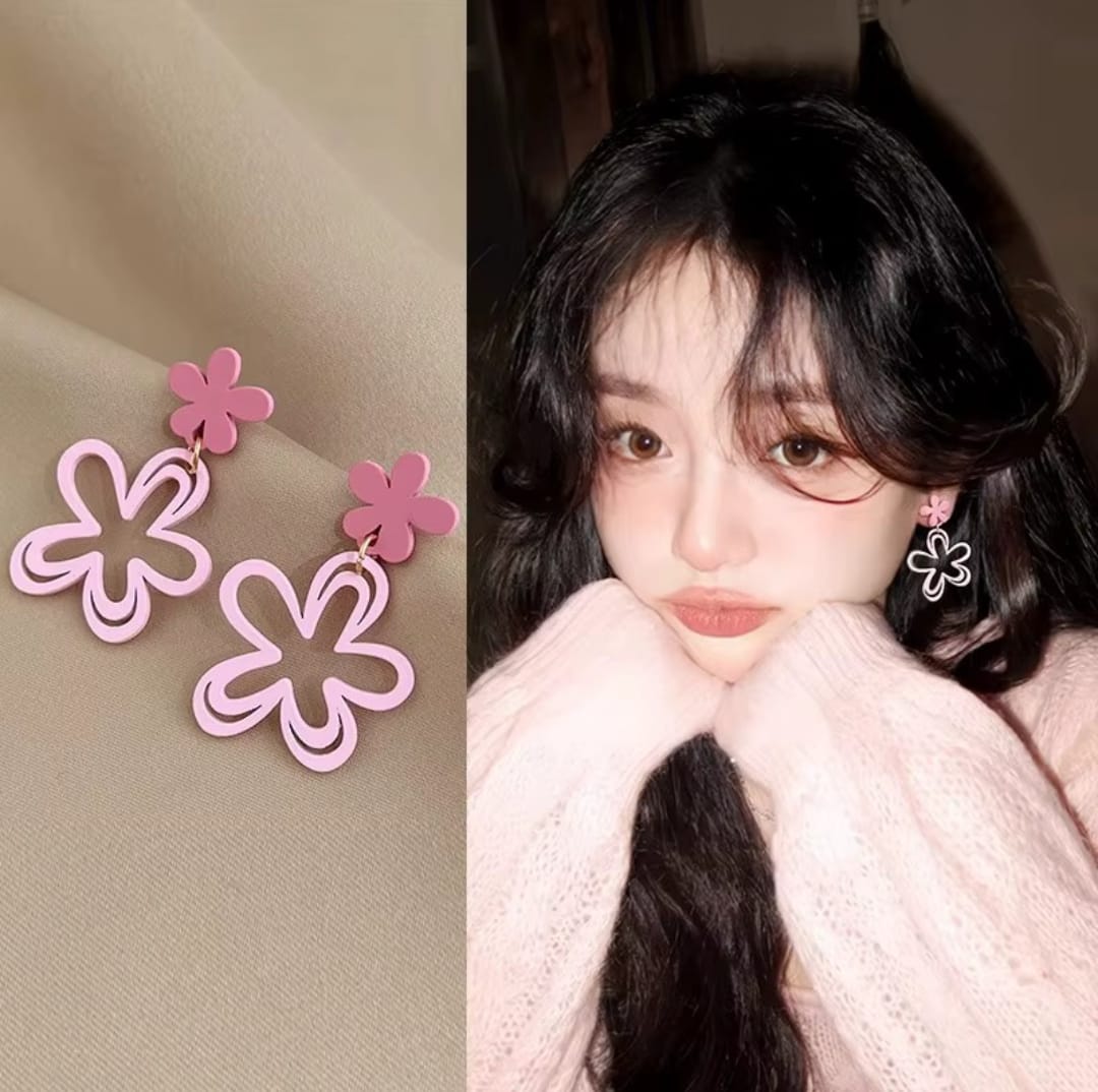 Pink Hollowed-out Flower Metal Powder Coated Earrings