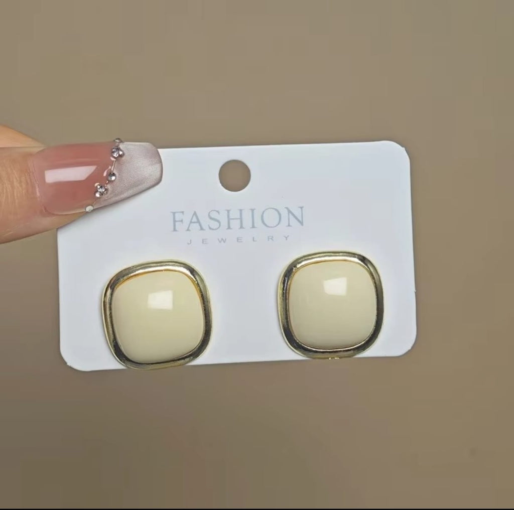 Beige Dainty Enamel Square Studs