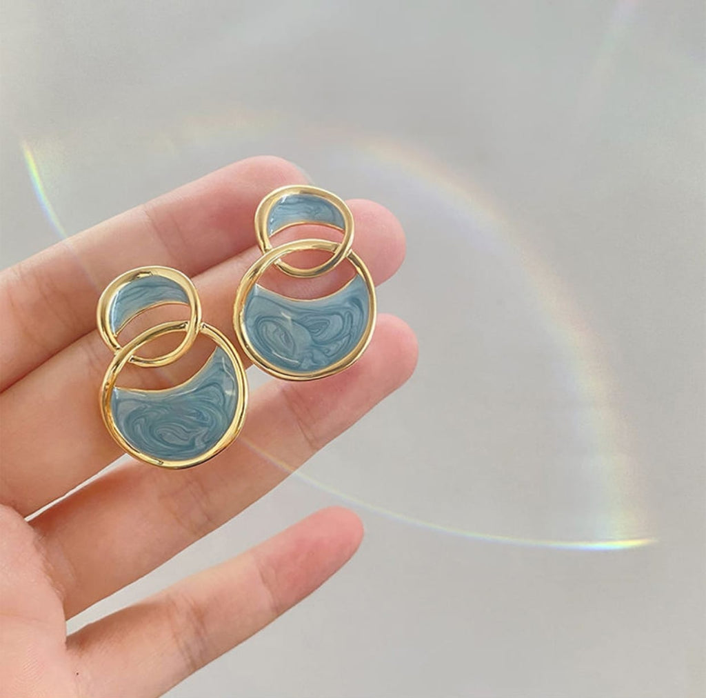 Blue Enamelled Double Arc Stud Earrings