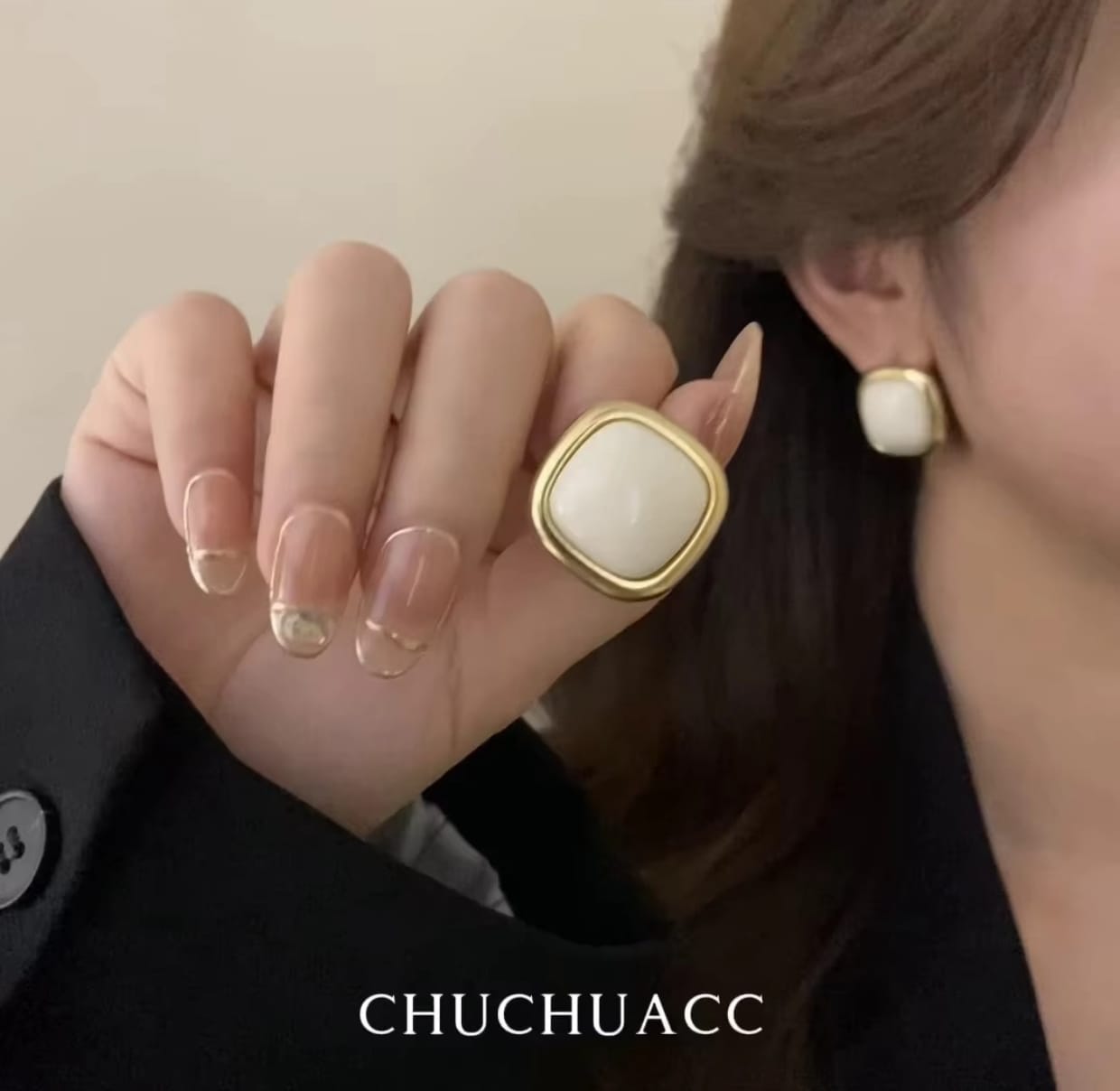 Beige Dainty Enamel Square Studs