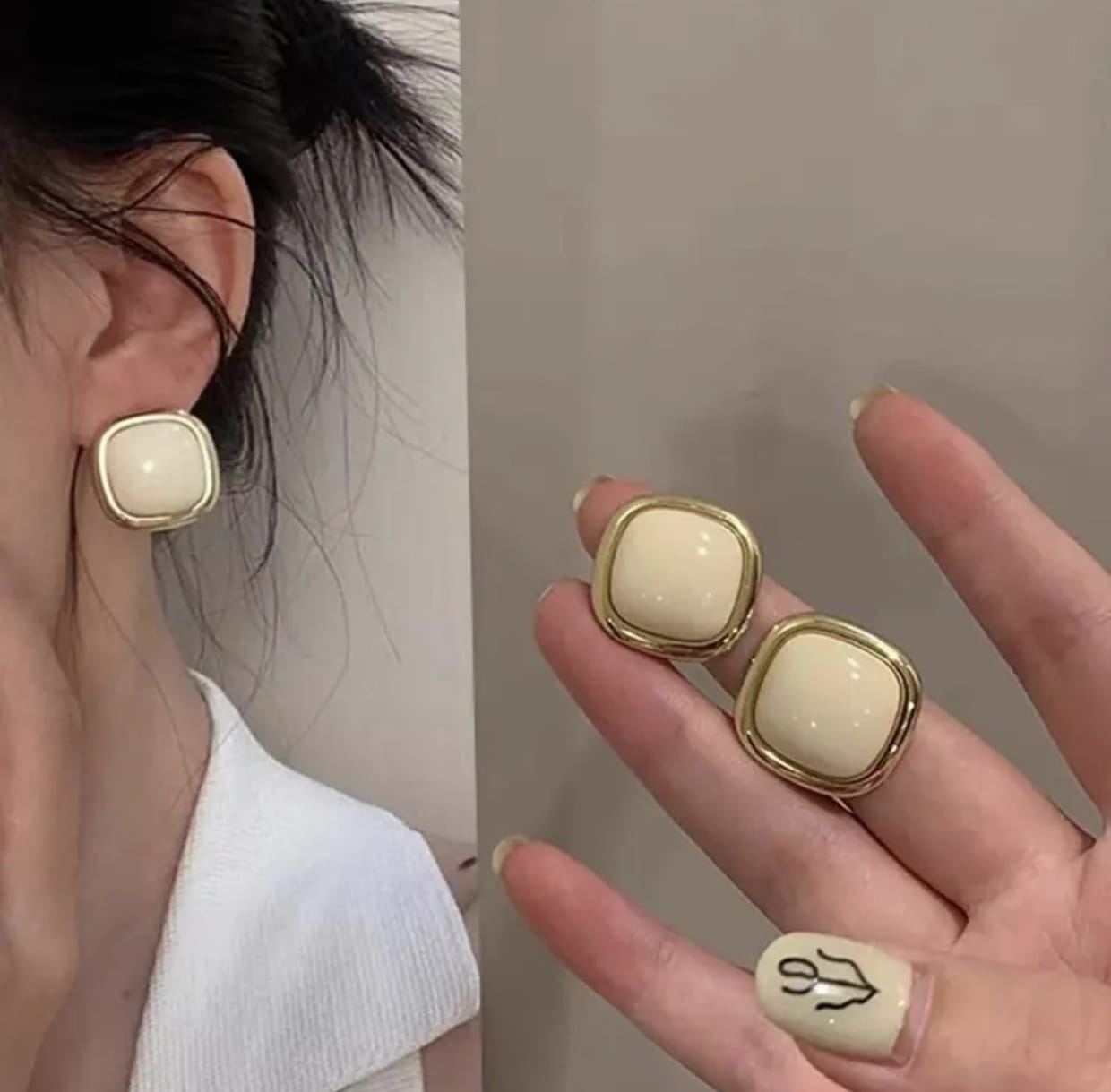 Beige Dainty Enamel Square Studs