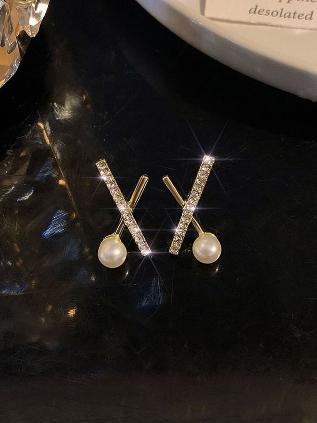 Elegant Crystal Crisscross Stud Earrings with Pearl
