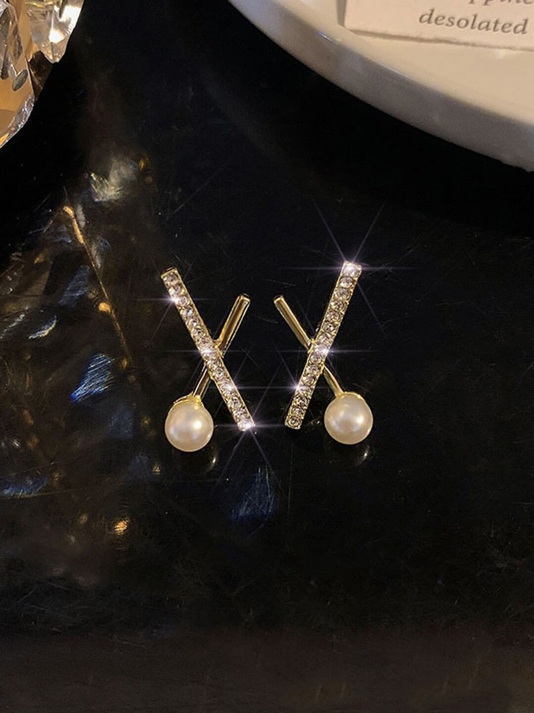 Elegant Crystal Crisscross Stud Earrings with Pearl