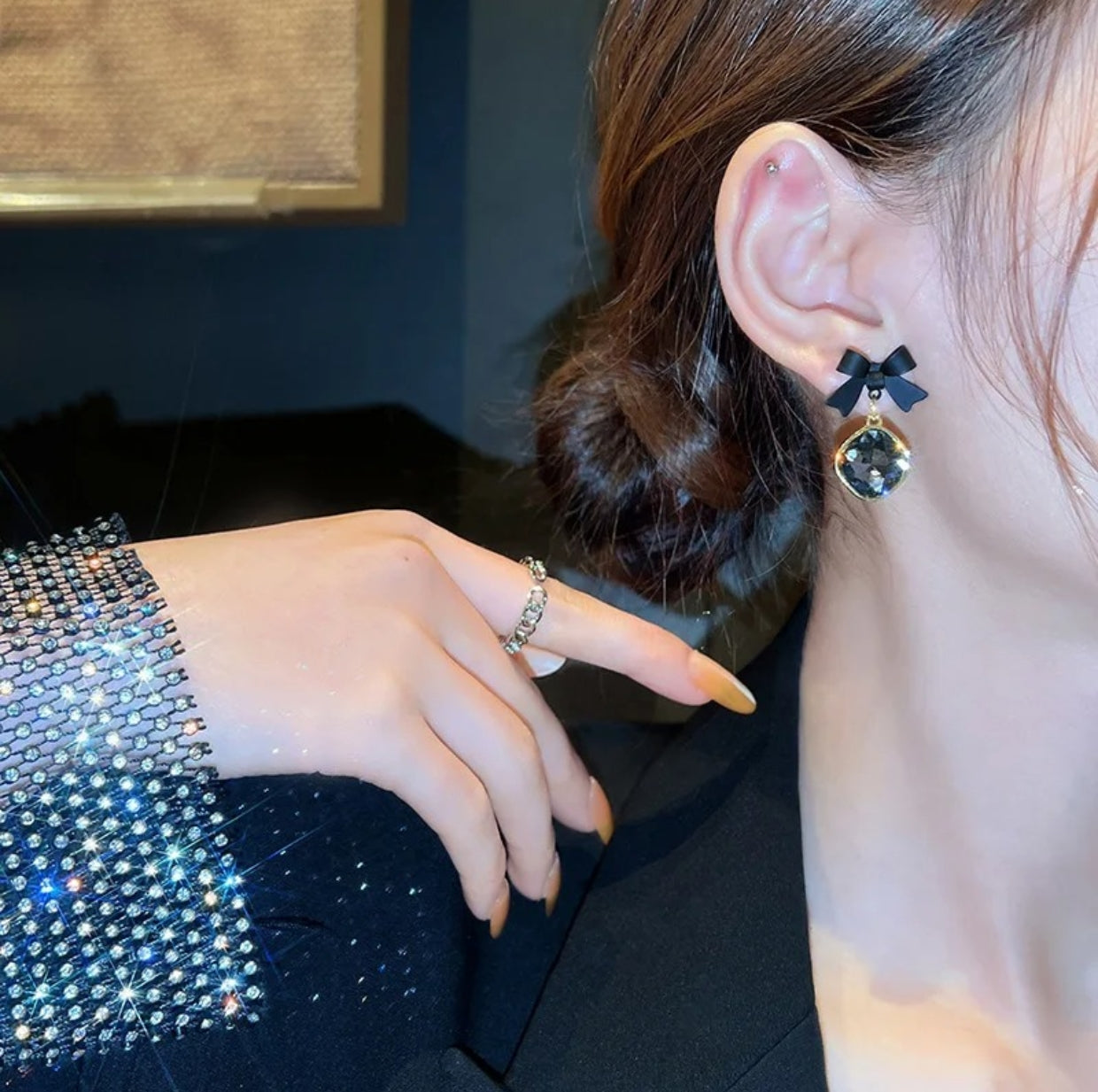 Black Bow Crystal Drop Earrings